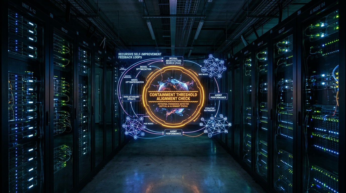 Holographic visualization of recursive self-improvement feedback loops and alignment containment threshold in a modern supercomputing datacenter corridor