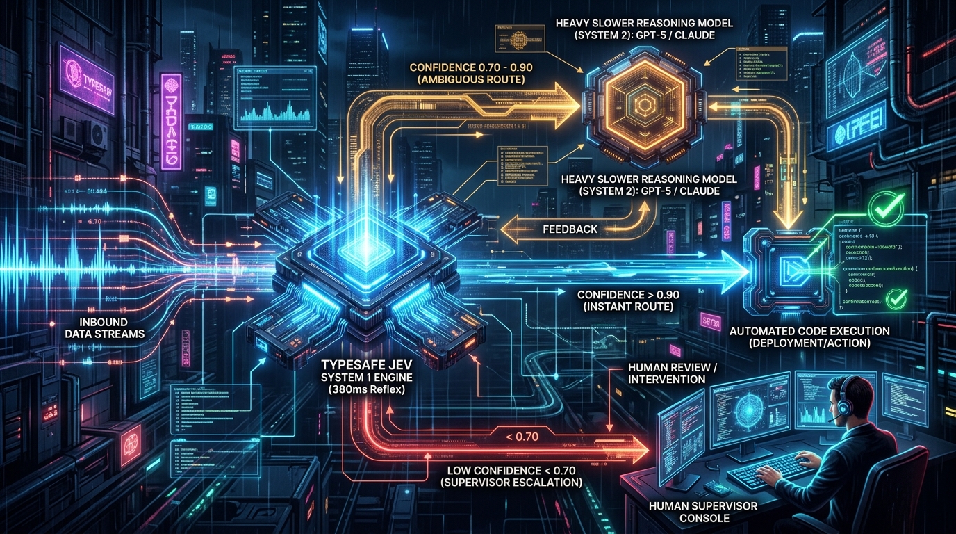 3D cyberpunk data topology showing tiered autonomous agent routing: high confidence instant execution, mid confidence escalation to heavy LLMs, low confidence human supervisor fallback