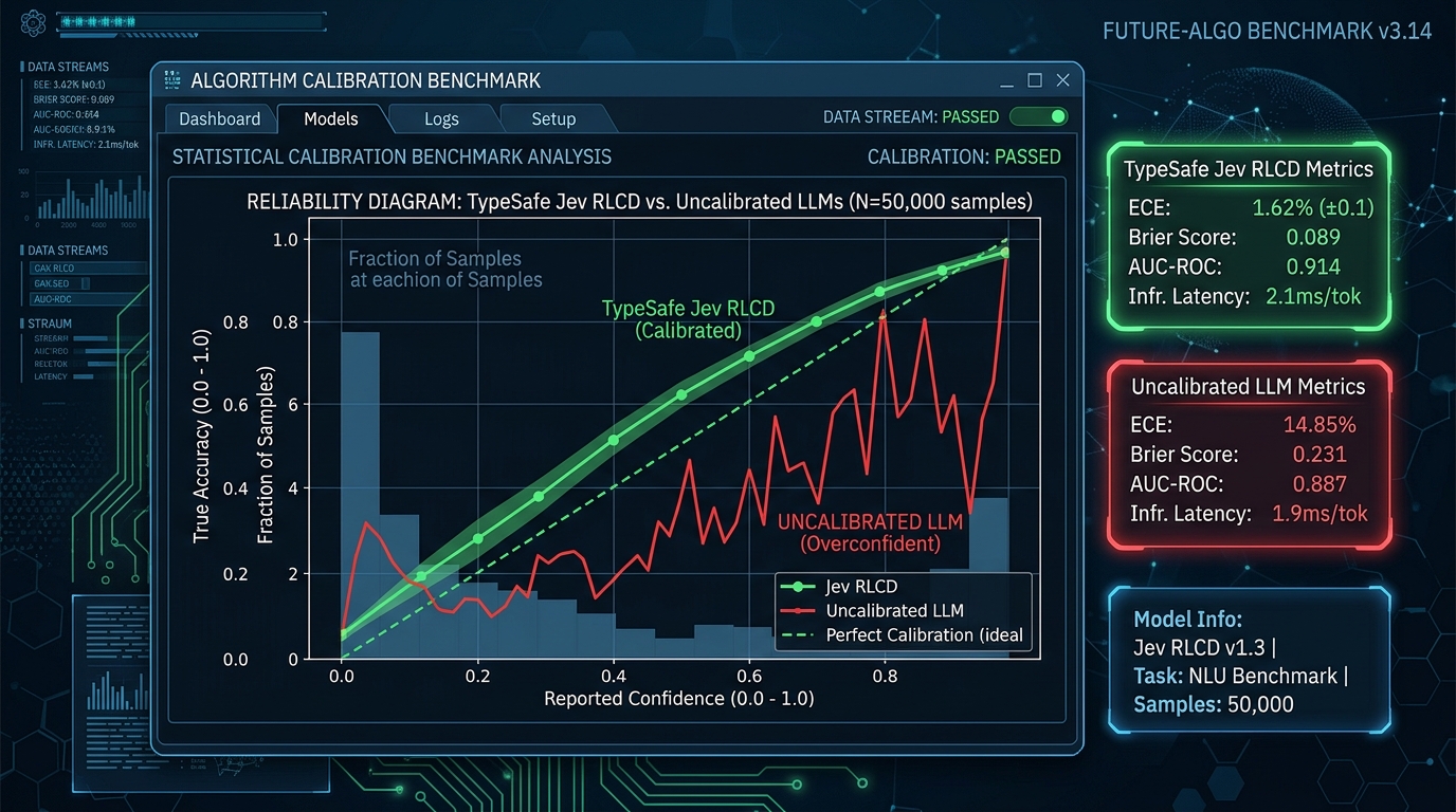 Algorithm benchmark dashboard comparing Jev RLCD diagonal calibration curve against the erratic, overconfident curve of conventional generative LLMs