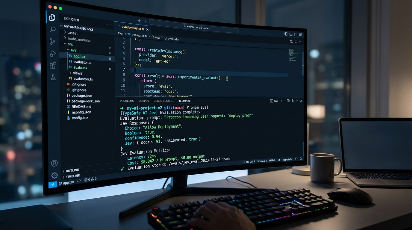 Modern high-tech dark IDE terminal displaying Vercel AI SDK calling Jev via experimental_evaluate with typed outputs, 72ms latency, and $0.042/M pricing