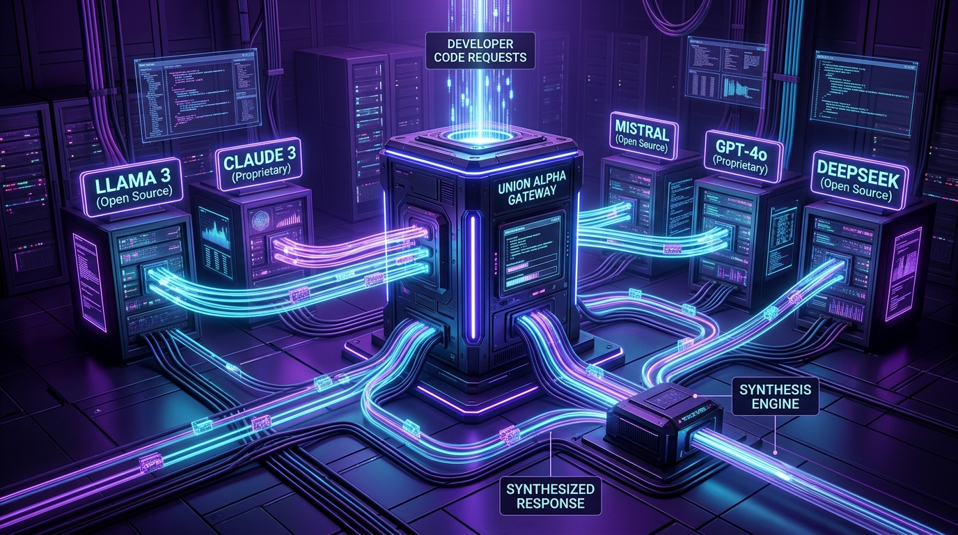 3D technical schematic showing central Union Alpha Gateway routing queries across OpenAI Astra, Claude, DeepSeek, and Mistral model backends