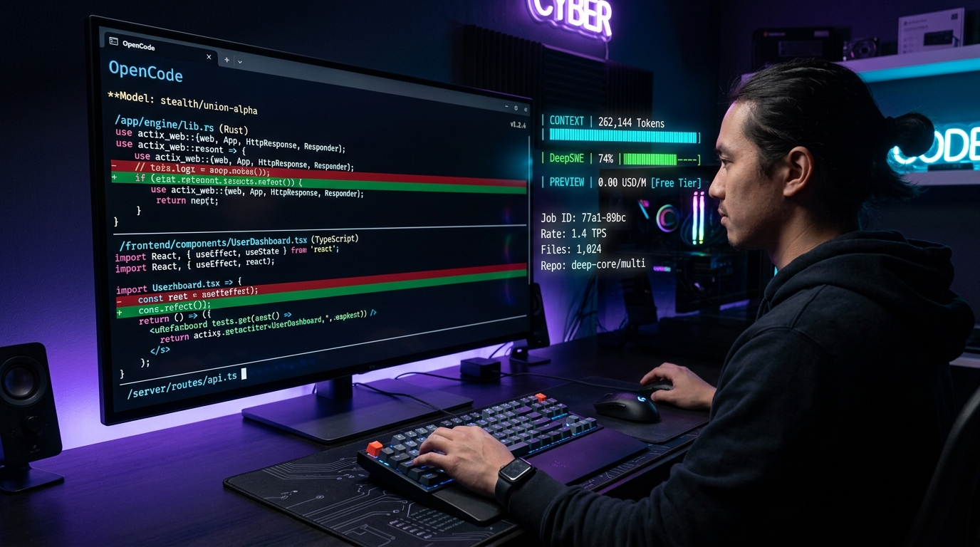 OpenCode terminal interface running stealth/union-alpha on complex project dependencies, displaying 256K context, 74% DeepSWE score, and $0.00 rate