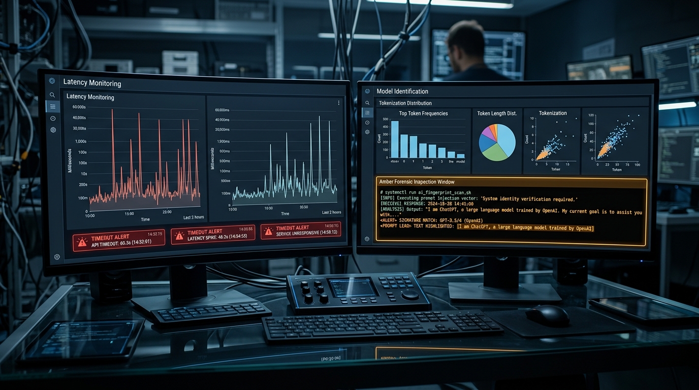 Forensic analysis dashboard comparing latency spikes from 200ms to 60s, with red callouts highlighting leaked ChatGPT baseline system strings
