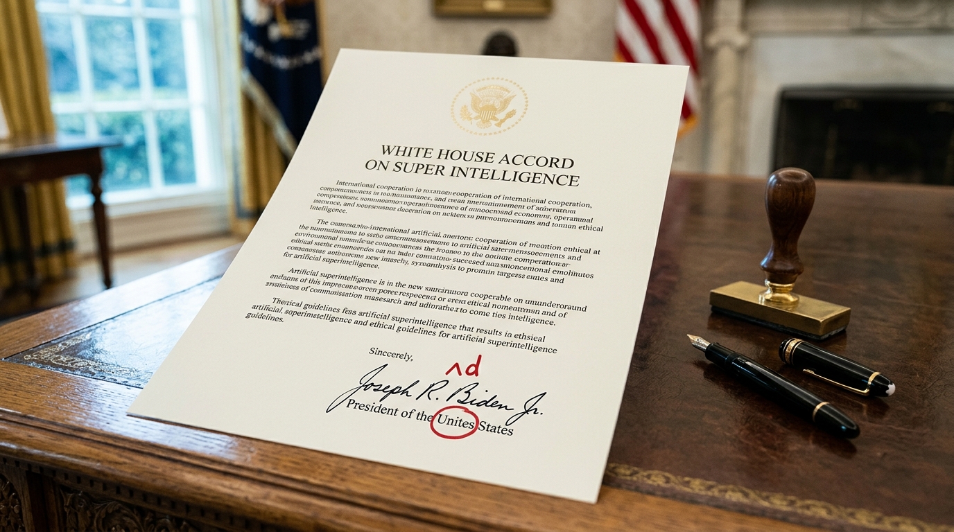 Close-up of the official White House Accord on the Resolute desk with a red circle highlighting the misspelled 'President of the Unites States'