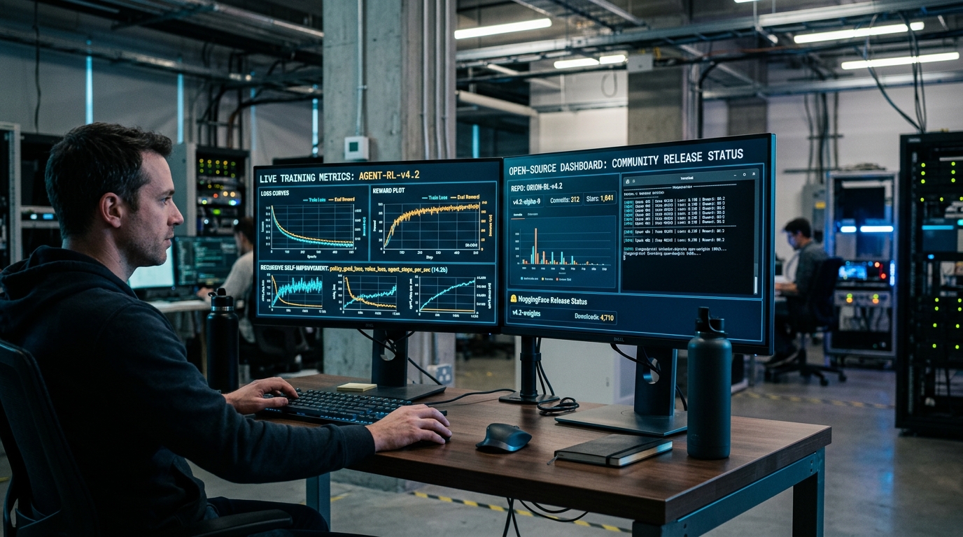 Xiaomi AI lab monitoring station displaying live open-weights training loss curves, recursive self-improvement metrics, and public telemetry