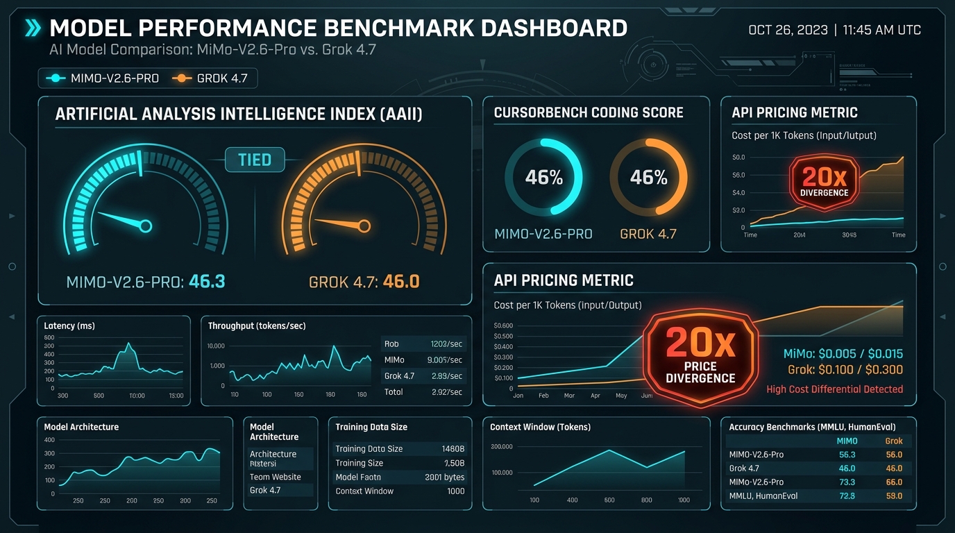 Benchmark analytics and pricing dashboard comparing MiMo-V2.6 and Grok 4.7 tied 46 score and 20x price divergence