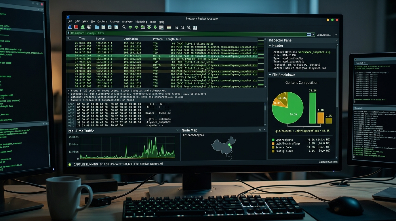 Network packet analyzer terminal displaying forensic evidence of ZCode silently generating a 313MB archive and uploading to Alibaba Cloud OSS
