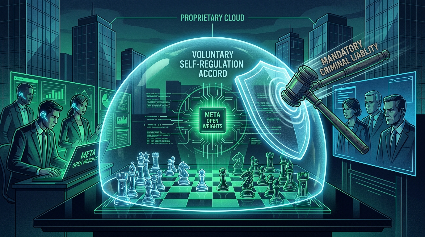 Conceptual graphic showing Mark Zuckerberg's voluntary accord shield deflecting punitive legislative hammers, preserving Meta's open-weights ecosystem